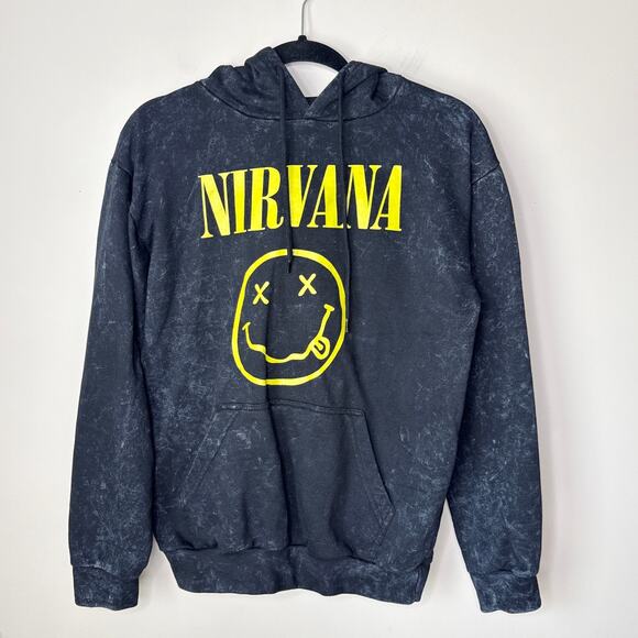 Nirvana Unisex Pullover Hoodie Sweatshirt Yellow Smiley Black Acid Wash SZ Small - Picture 1 of 7